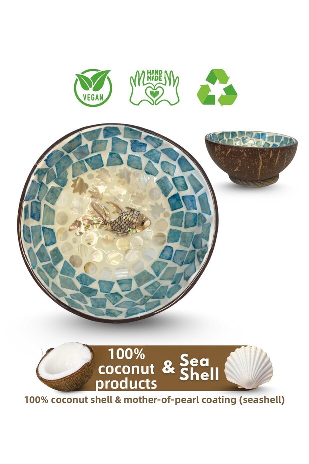 Fish Design Mother-Of-Pearl Coated Coconut Bowl & Wicker Bowl Base - Snack Bowl