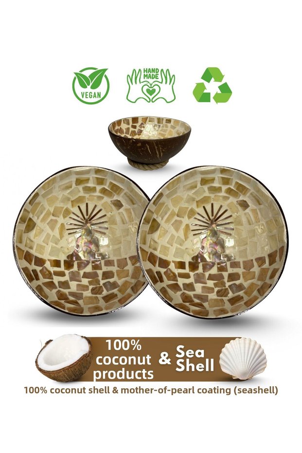 2 Pieces Yoga Design Mother of Pearl Coated Coconut Bowl & Wicker Bowl Mat - Snack Bowl