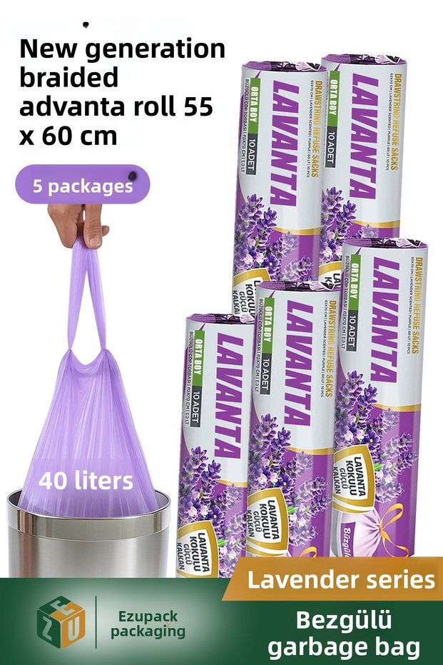 40 Lt (5 Pack) Advantage Package Medium Size Lavender Scented Drawstring Garbage Bag Garbage Bag 50 Pieces