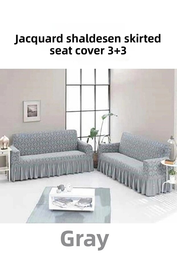 Shawl Pattern Jacquard Armchair, Sofa, Sofa Bed Cover, Lycra, Skirted, Seat Cover 3+3 (Two Pieces)