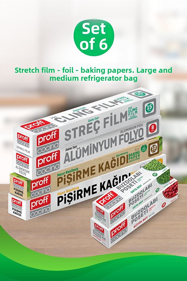 6-Piece Eco Pack - Baking Papers, Aluminum Foil, Stretch Film, Medium and Large Size Refrigerator Bags