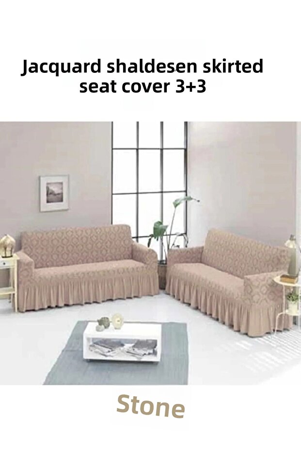 Shawl Pattern Jacquard Armchair, Sofa, Sofa Bed Cover, Lycra, Skirted, Seat Cover 3+3 (Two Pieces)