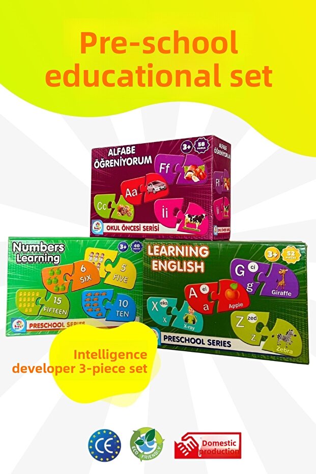 مجموعة تدريب ما قبل المدرسة مكونة من 3 قطع - مطور الذكاء - الأبجدية الإنجليزية التركية - الأرقام - 150 قطعة
