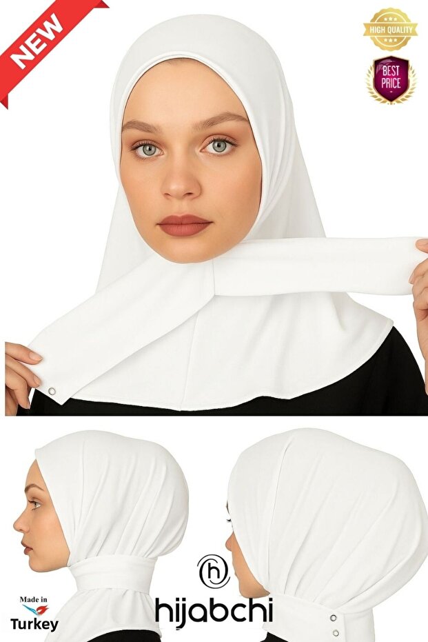 Snap Fastener Sport Hijab - Practical Snap Fastener Headscarf - Pool and Sea Hijab - White