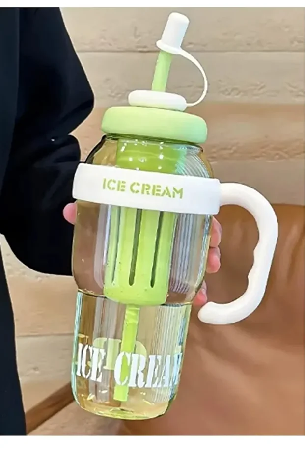 Ice Cream Designed Water Bottle with Straw – 1.3 Liter Large Volume, Transparent Color Flask, Leak-Proof Lid - 2