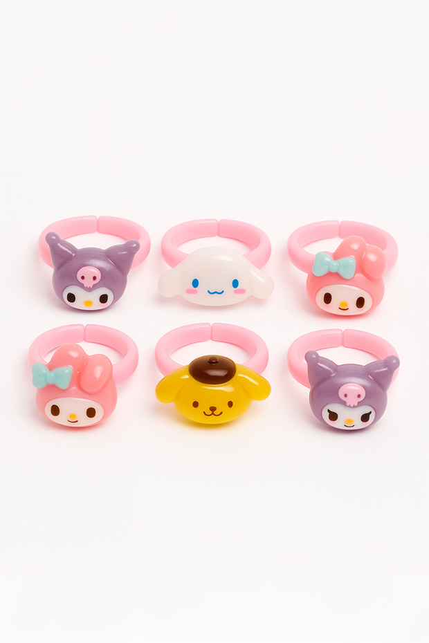 Set of 6 Adjustable Children's Rings with Adjustable Kuromi My Melody and Cinnamoroll Design