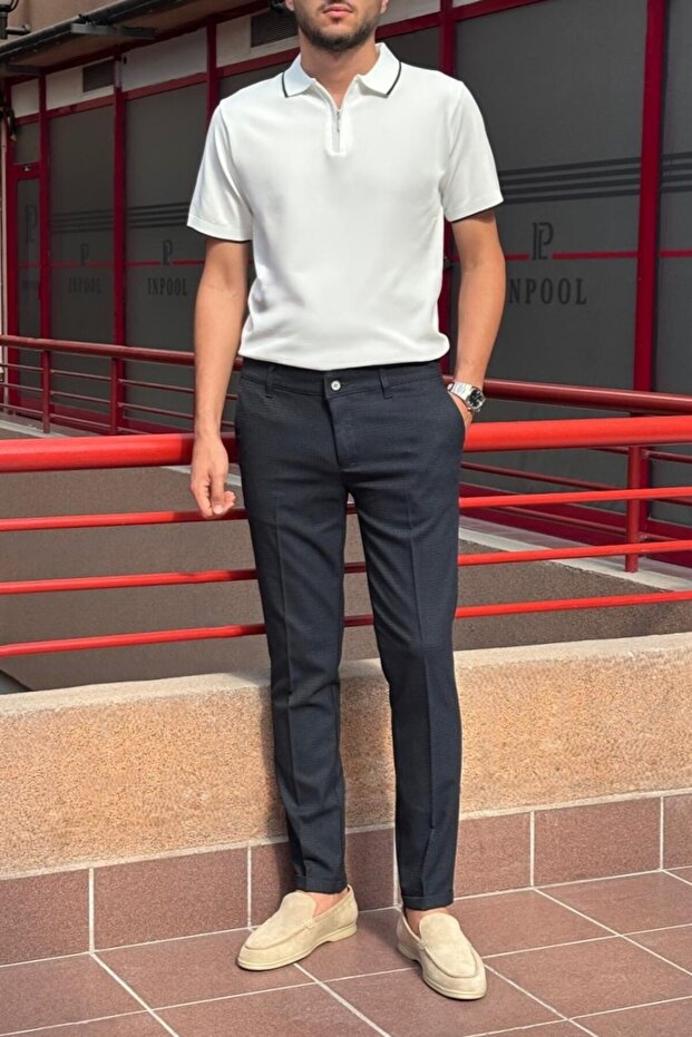 Men's, Slim Fit, Square Pattern, Double Leg, Fabric Trousers