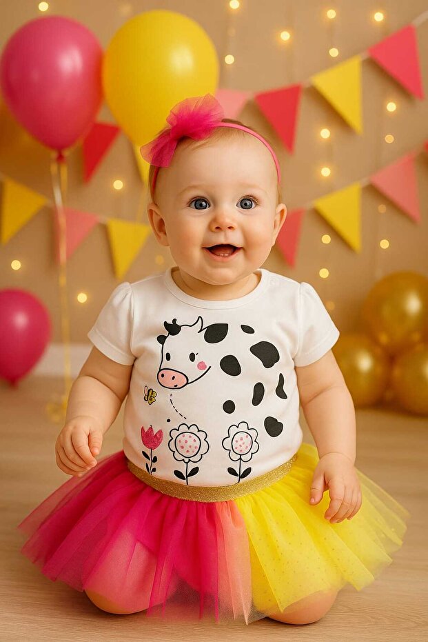 Baby Girl Tutu Skirt Set with Cow Pattern