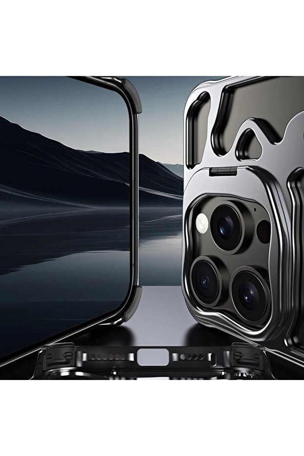 Phone Case for iPhone 16, Phone Holder Function, Cooling Function, Shockproof, Metallic, Silver - 4