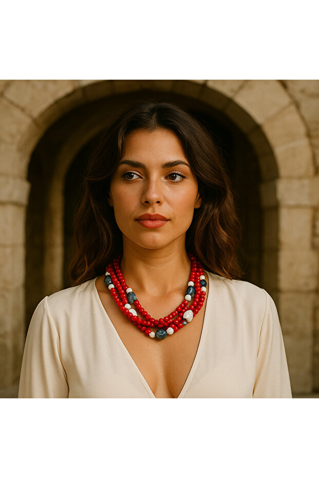 Coral Sodalite Howlite 3 Row Courage Passion and Evil Eye Protection Necklace