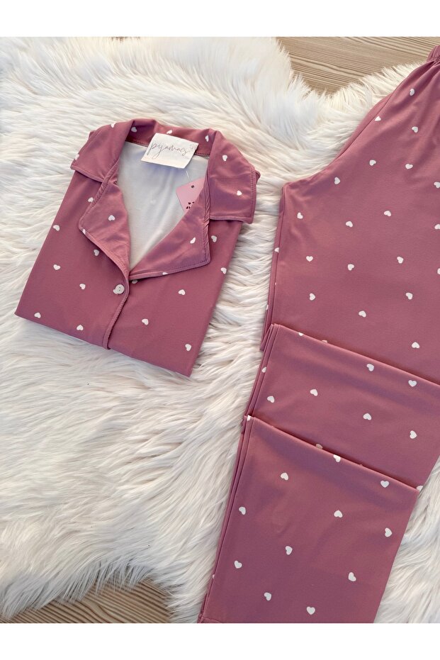 Gül Kurusu Minik Kalp Desenli Uzun Kol Yumuşak Hissiyatlı Pijama Takımı - 5