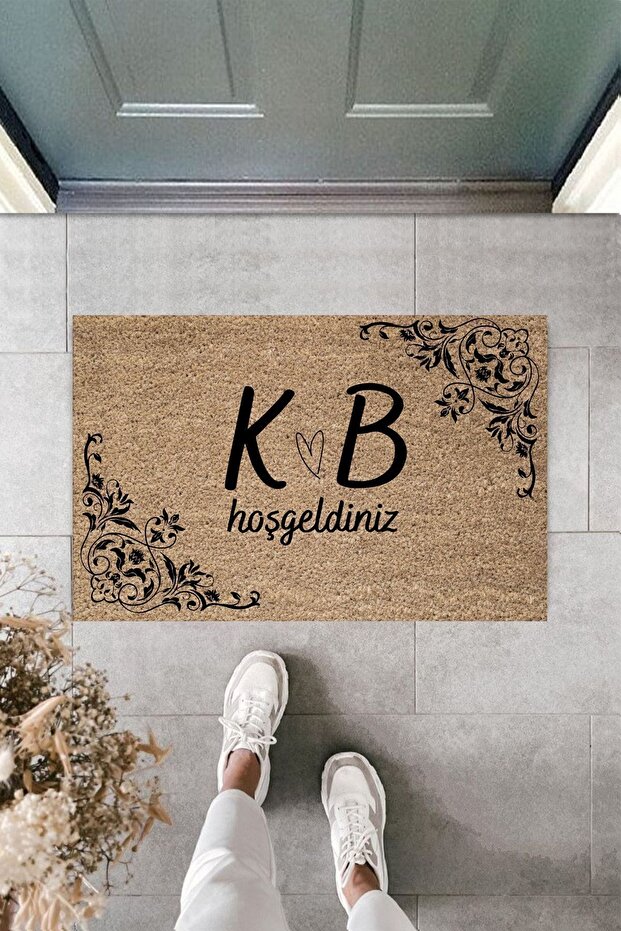 Modern Paspas - Kenar Desenli Baş Harfler Ile Karşılama - Kişisel Tasarım Kapı Önü Paspası - 1