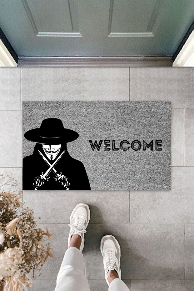 1 سجادة مدخل بتصميم حديث مطبوعة رقميًا باللون الرمادي V For Vendetta - سجادة مدخل