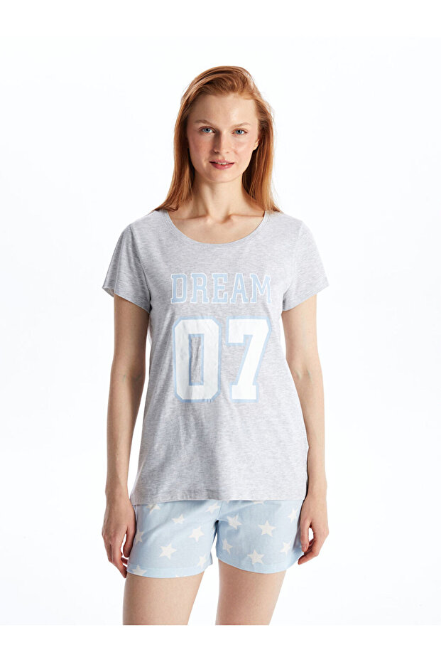 Crew Neck Printed Short Sleeve Women's Pajamas Set with Shorts