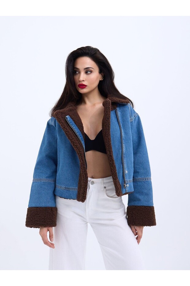 Plush Denim Coat - Blue