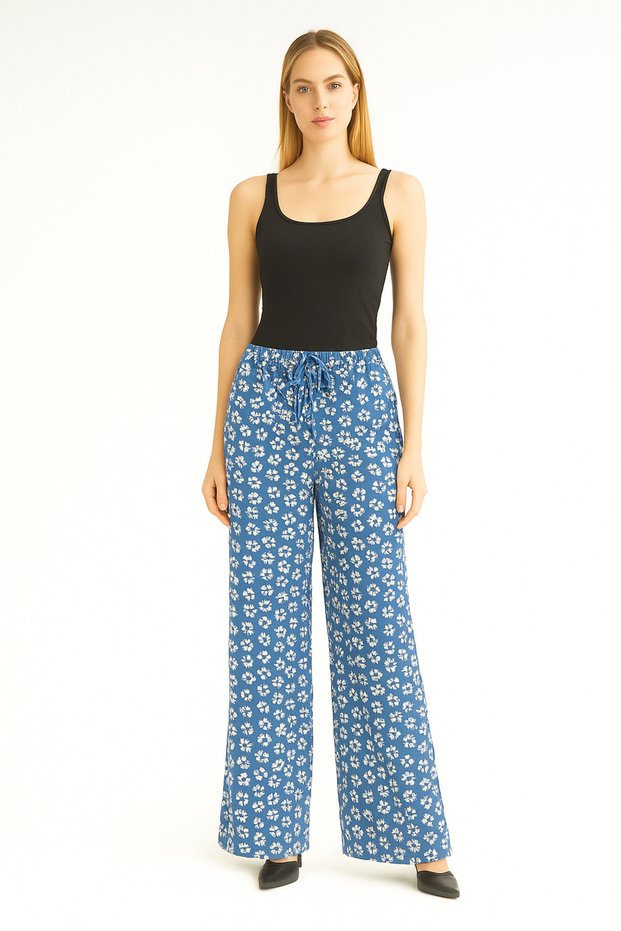 Women's Blue White Floral Belted Elastic Waist Relaxed Fit Palazzo Viscose Trousers