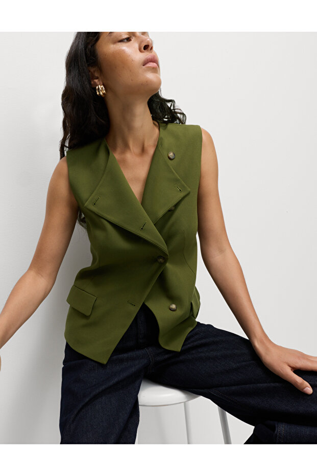 Olive Çapraz Düğmeli Yelek - 4