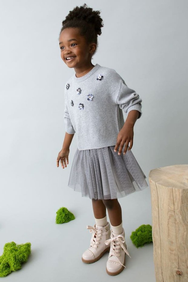 Girl's Sequin Embroidered Skirt Tulle Knitwear Dress - Gray