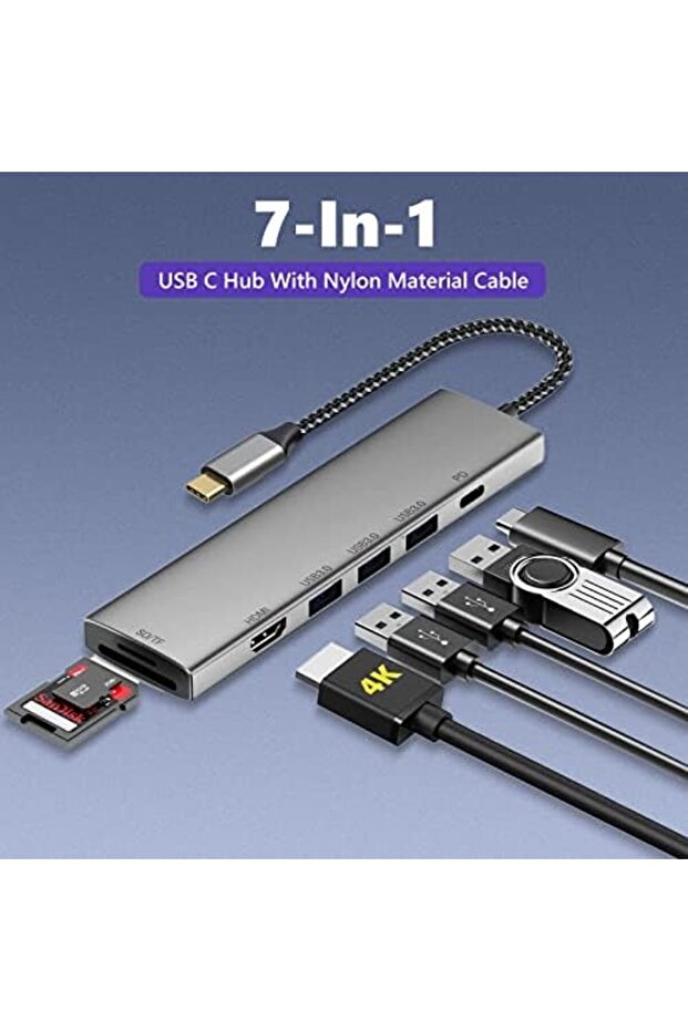 موزع USB C 7 في 1، موزع USB، محول HDMI بدقة 4K، شحن PD بقوة 100 وات، قارئ بطاقات SD 3.0، قارئ بطاقات TF 3.0 - 6
