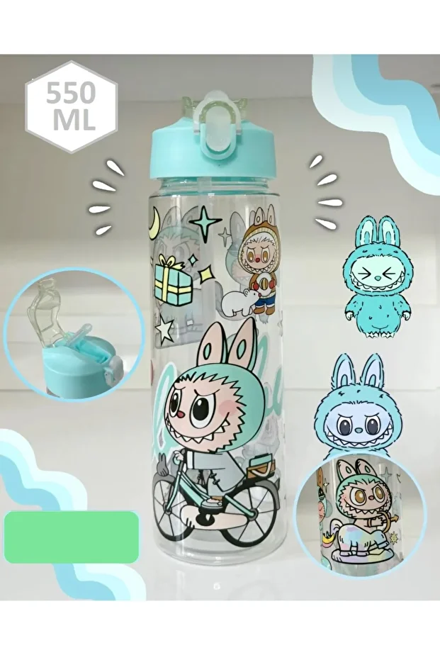 Labubu Su Matarası Labubu Karakter Baskılı Pipetli Su Matarası Labubu Suluk BPA İçermez - 1