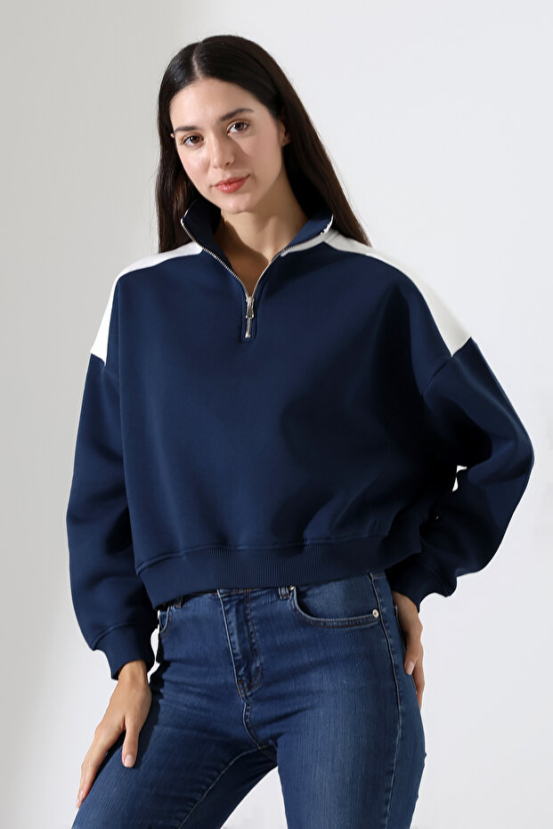 Cut Half Zipper Stand Collar Sleeves Wide Side Split Women's Sweatshirt 21963 Lac