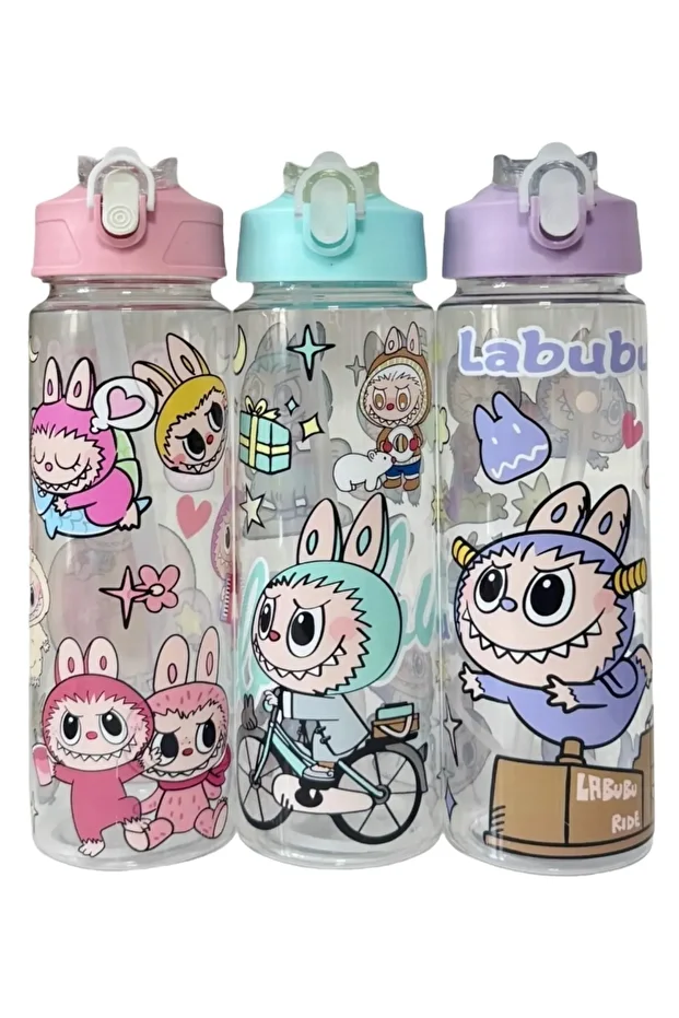Labubu Su Matarası Labubu Karakter Baskılı Pipetli Su Matarası Labubu Suluk BPA İçermez - 6