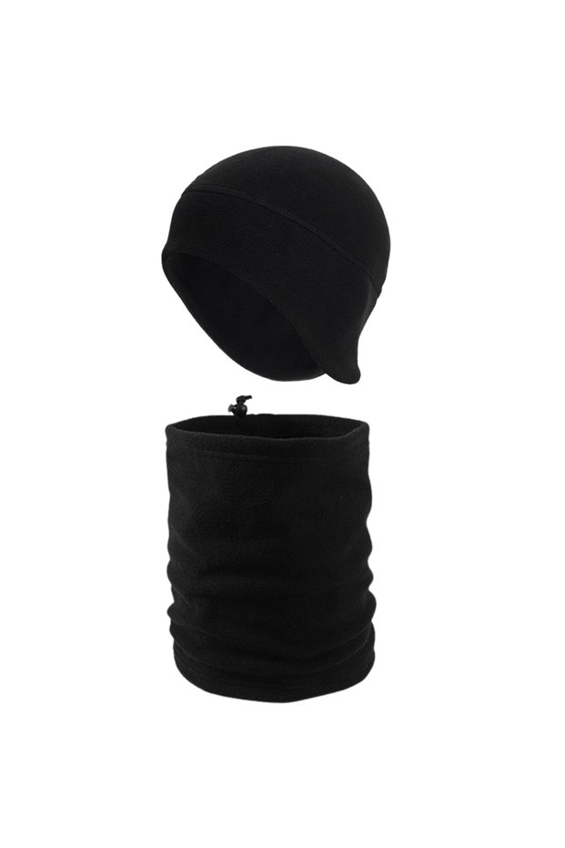 Black Winter Thermal Fleece Beanie with Headphones - Drawstring Fleece Neck Collar Set of 2 Winter Set