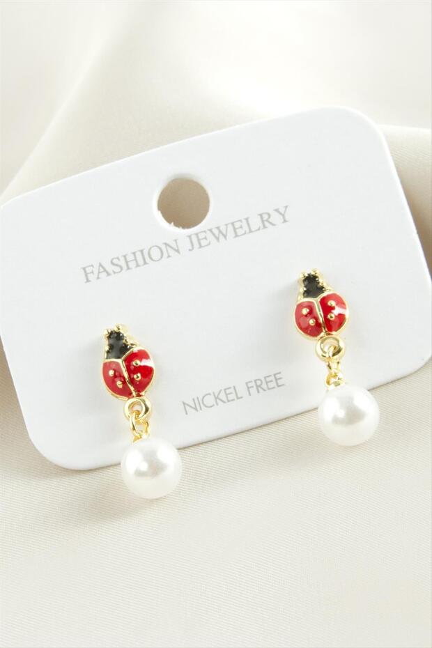 Ladybug Enamel Pearl Earrings