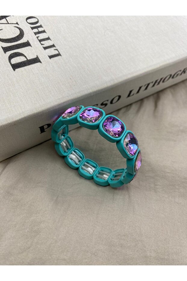 Turquoise Color, Purple Reflective Crystal Stone, Elastic, Baguette Model Bracelet