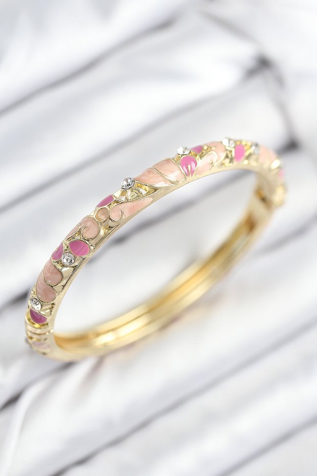 Mineli Brass Zircon Stone Pink Flower Motif Gold Women's Handcuffs