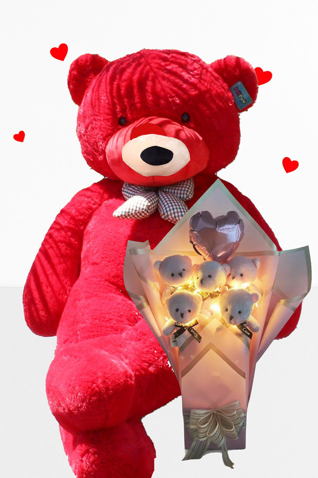 Big 90 cm Plush Bear and Romantic Plush Teddy Bear Bouquet with Led Lighted Pink Balloon Lover Gift Set