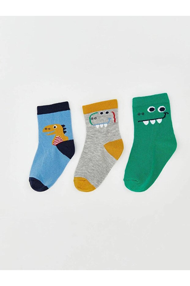 LCW Dinozor Baskılı Erkek Çocuk Soket Çorap 3'lü (W5) - 1