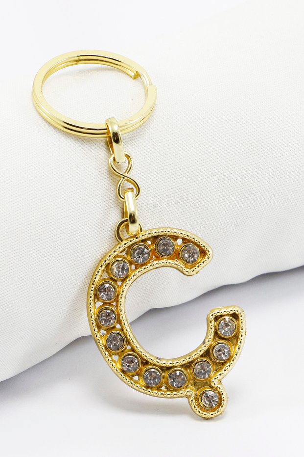 Gold Colored Shiny Stone Letter C Keychain, Gift Letter Keychain