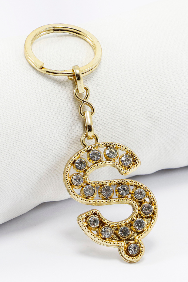 Gold Colored Shiny Stone Letter S Keychain, Gift Letter Keychain
