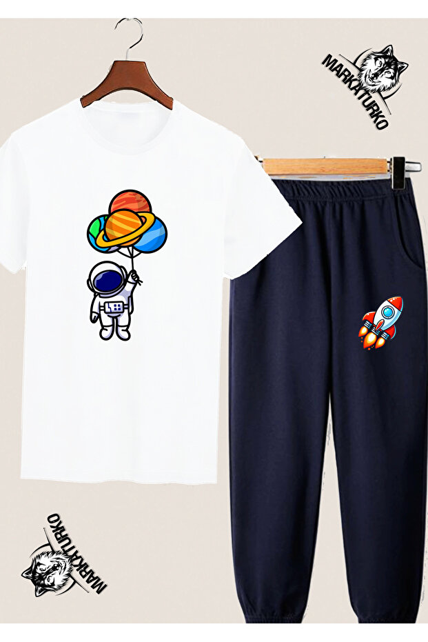 Astronaut Custom Design White Tshirt-Dark Blue Tracksuit Combo 966-672