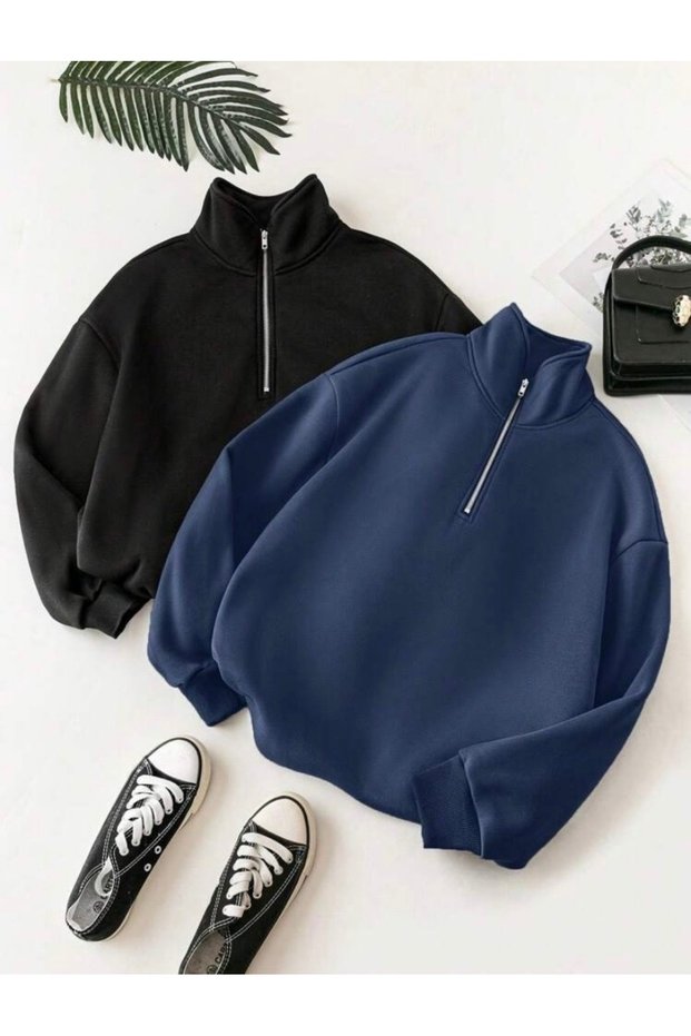2-Piece Black and Navy Blue Stand Collar Zippered Sweatshirt