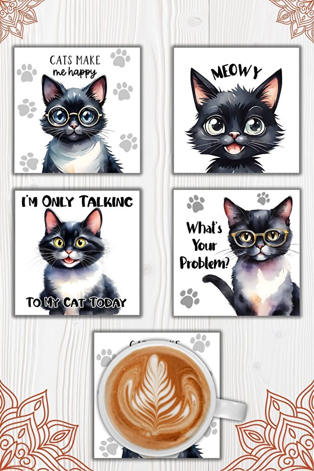Cat Themed Funny Verbal Wooden Square Coasters Set of 4, Modern Coffee & Tea Presentation Coasters