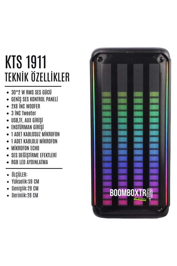 KTS 1911 Taşınabilir Bluetooth Parti Hoparlörü | 60W RMS | 2x8” Woofer + Tweeter | RGB | Mikrofonlu - 2