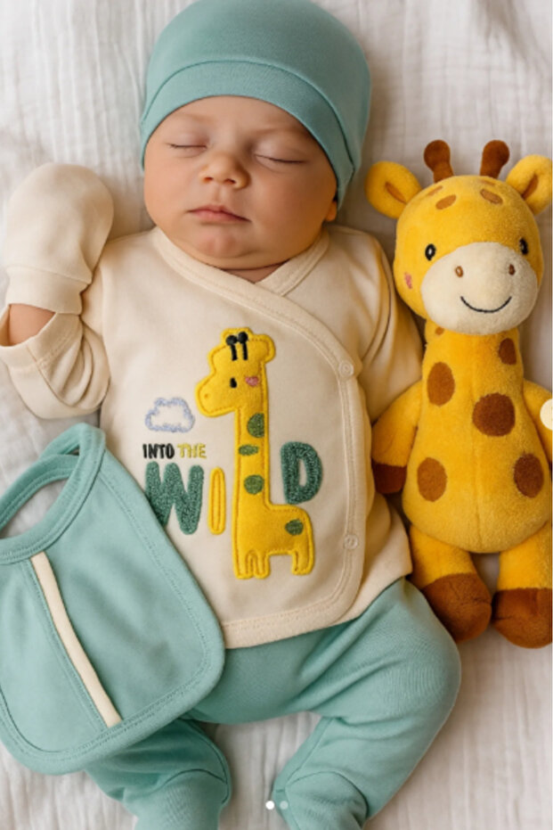 Organic Baby Boy Giraffe Patterned 5-Piece Jumpsuit Hospital Release Newborn Outfit Bib