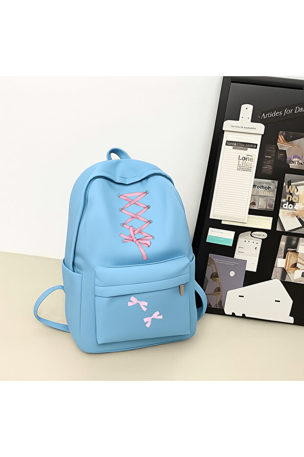 Colorful Unisex School Backpack with Ribbon Print