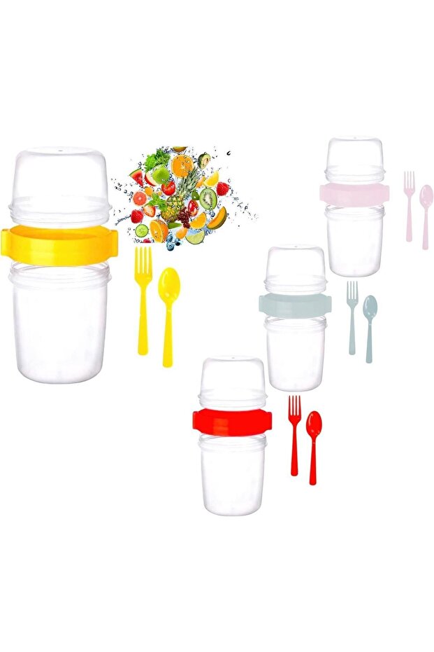 Hobbit Yellow 650 ml Food Transport and Storage Container with Lid, Spoon and Fork Snack Yogurt Container - 4