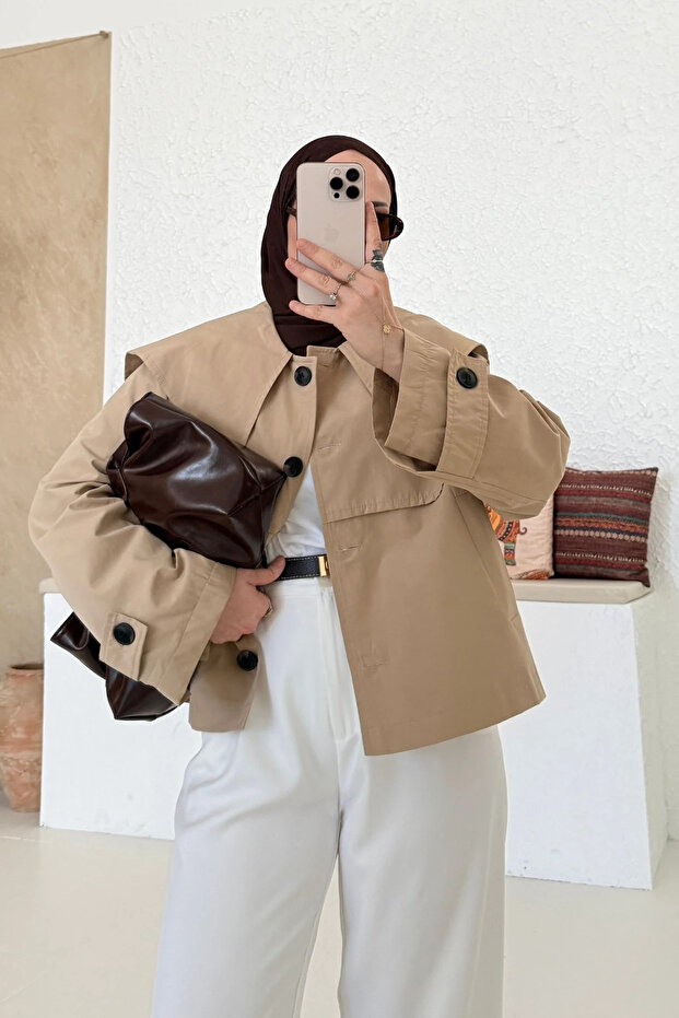 Camel Geniş Yaka Kısa Trençkot - 7530 - 3