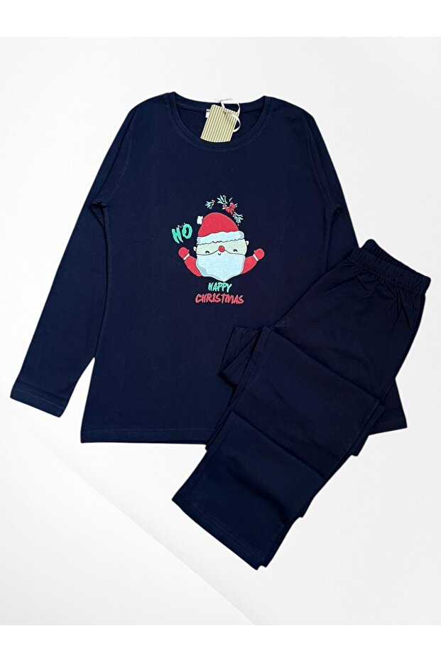 Women's 100% Cotton Combed Fabric Navy Blue Christmas Pattern Long Sleeve Crew Neck Winter Pajamas Set