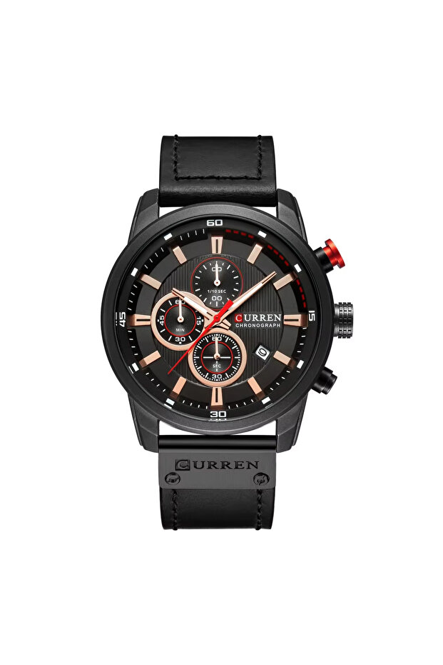 8291 Men’s Watch Black Chronograph Face with Contrast Push Buttons And Leather Strap