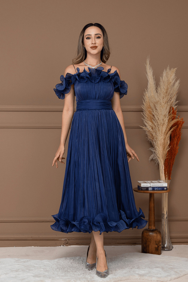 Chiffon Flounce Detailed Midi Dress - Dark Blue