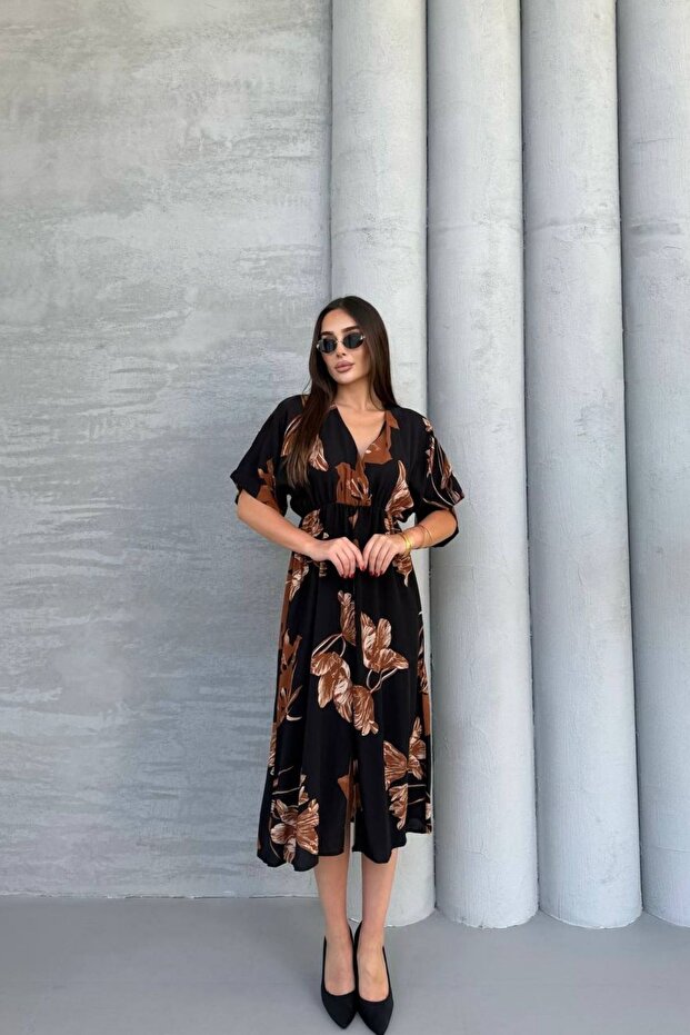 Kısa Kollu Beli Lastikli Desenli Midi Elbise - 1