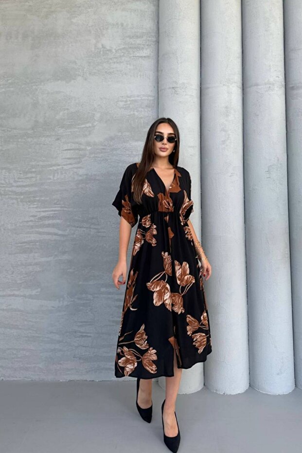 Kısa Kollu Beli Lastikli Desenli Midi Elbise - 4