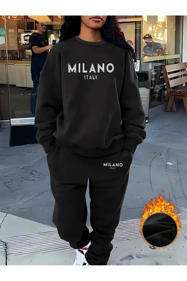 Women's Crew Neck Milano Italy Printed Bottom Top Black Tracksuit Set Oversize Boyfirend