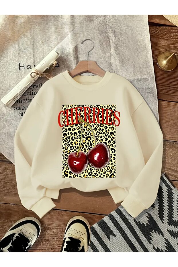 سويت شيرت برقبة دائرية للجنسين للنساء/الرجال مطبوع عليه CHERRIES LEOPARD