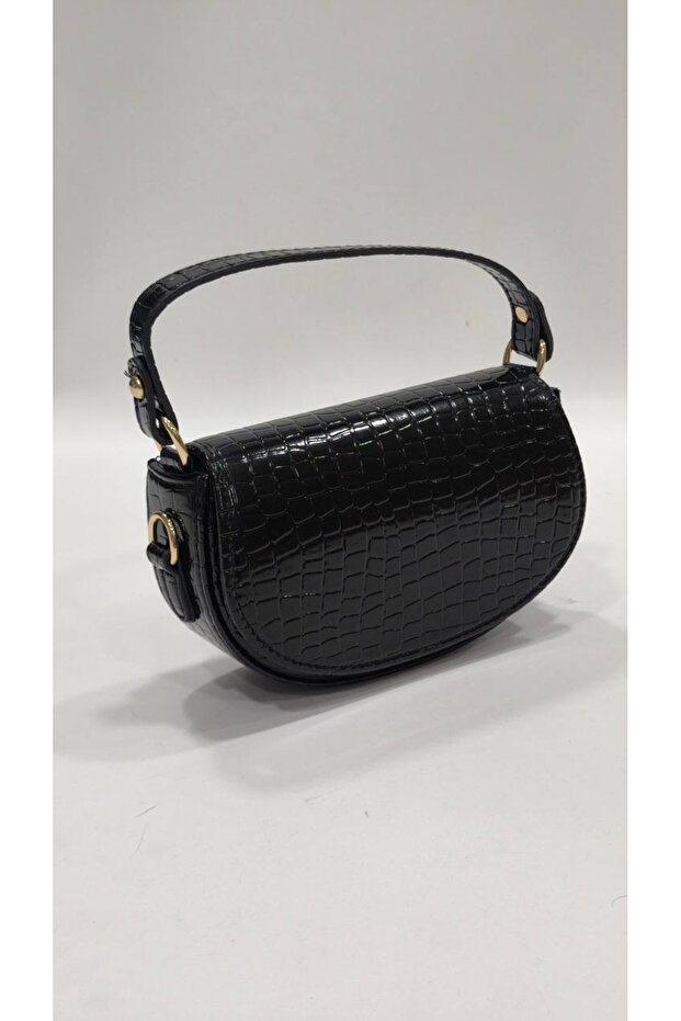 Croco Black Oval Small Size Covered Model Women's Hand and Shoulder Bag (20Cm*13Cm)